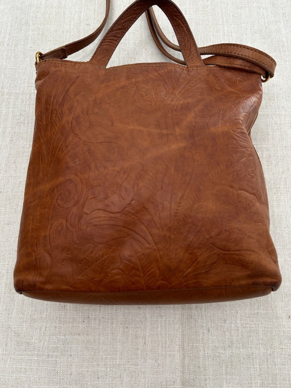 Margot Crossbody Bag Embossed Floral Leather in Cognac Brown - Picture 5 of 16